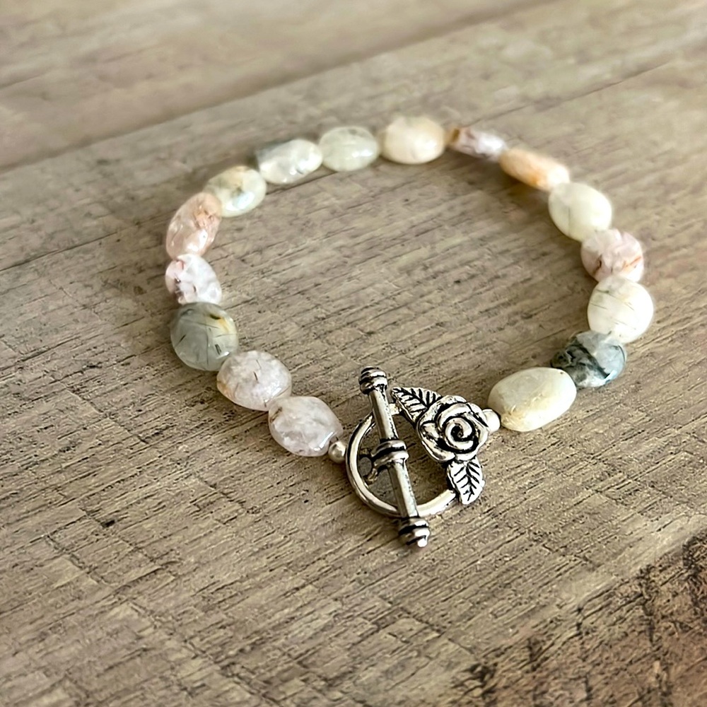 NEW Artisan Bracelet Rutilated Quartz with Silver Rose Toggle Clasp